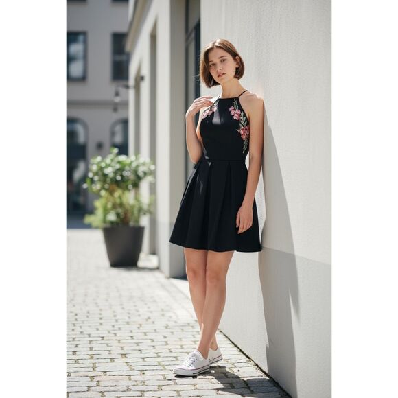 B.Darlin Fit & Flare Mini Dress Size 3/4 Black Red Floral Embroidered Open Back - Picture 10 of 10